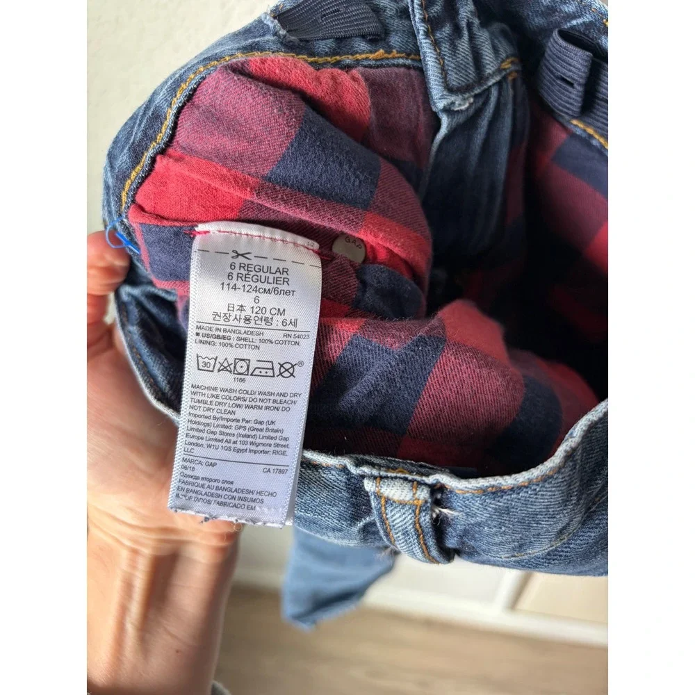 Gap Kids Boys Blue Flannel Lined Straight Leg Jeans Red Plaid Size 6 Regular